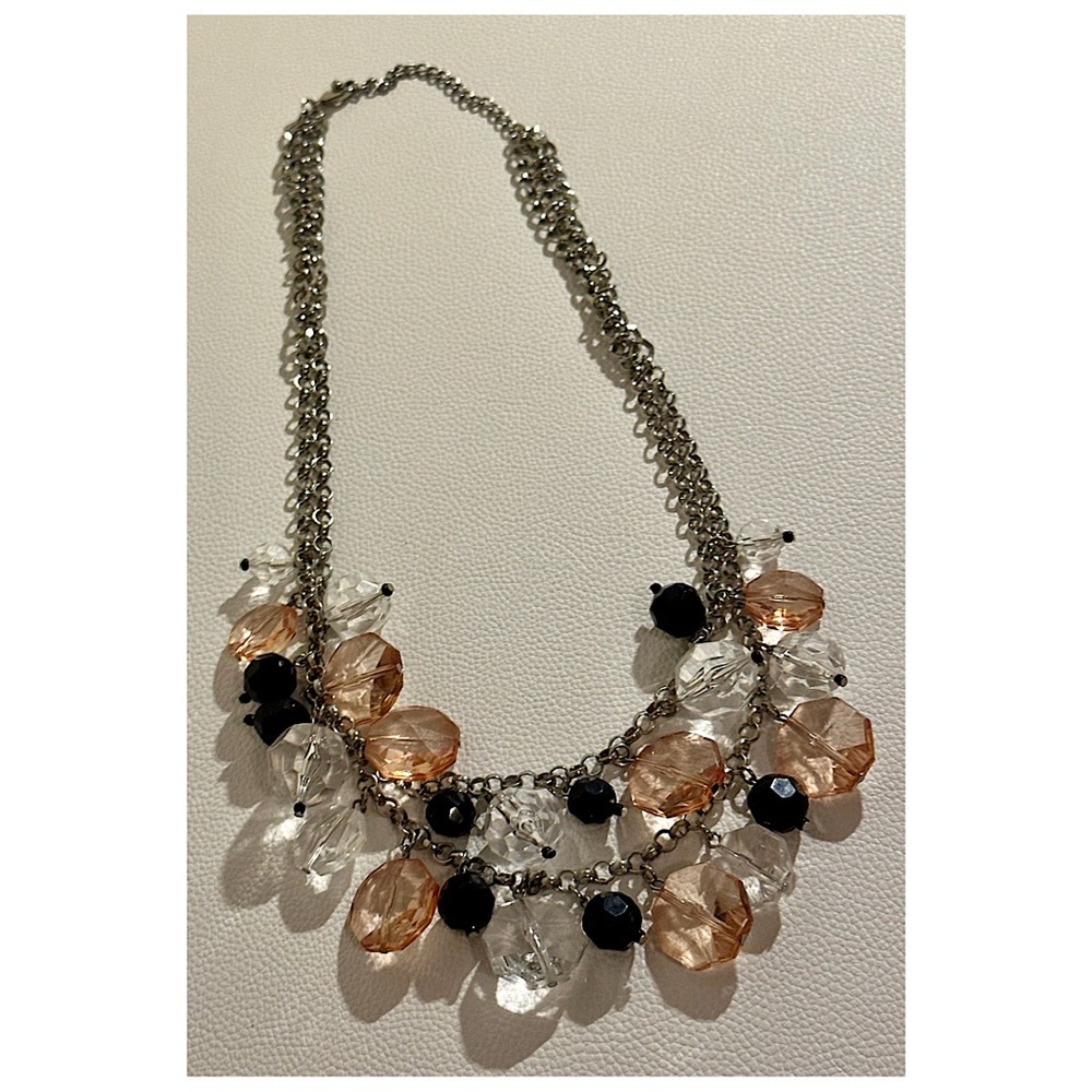 Layered Silver Tone Crystal Bib Necklace Black Peach Beads Like New